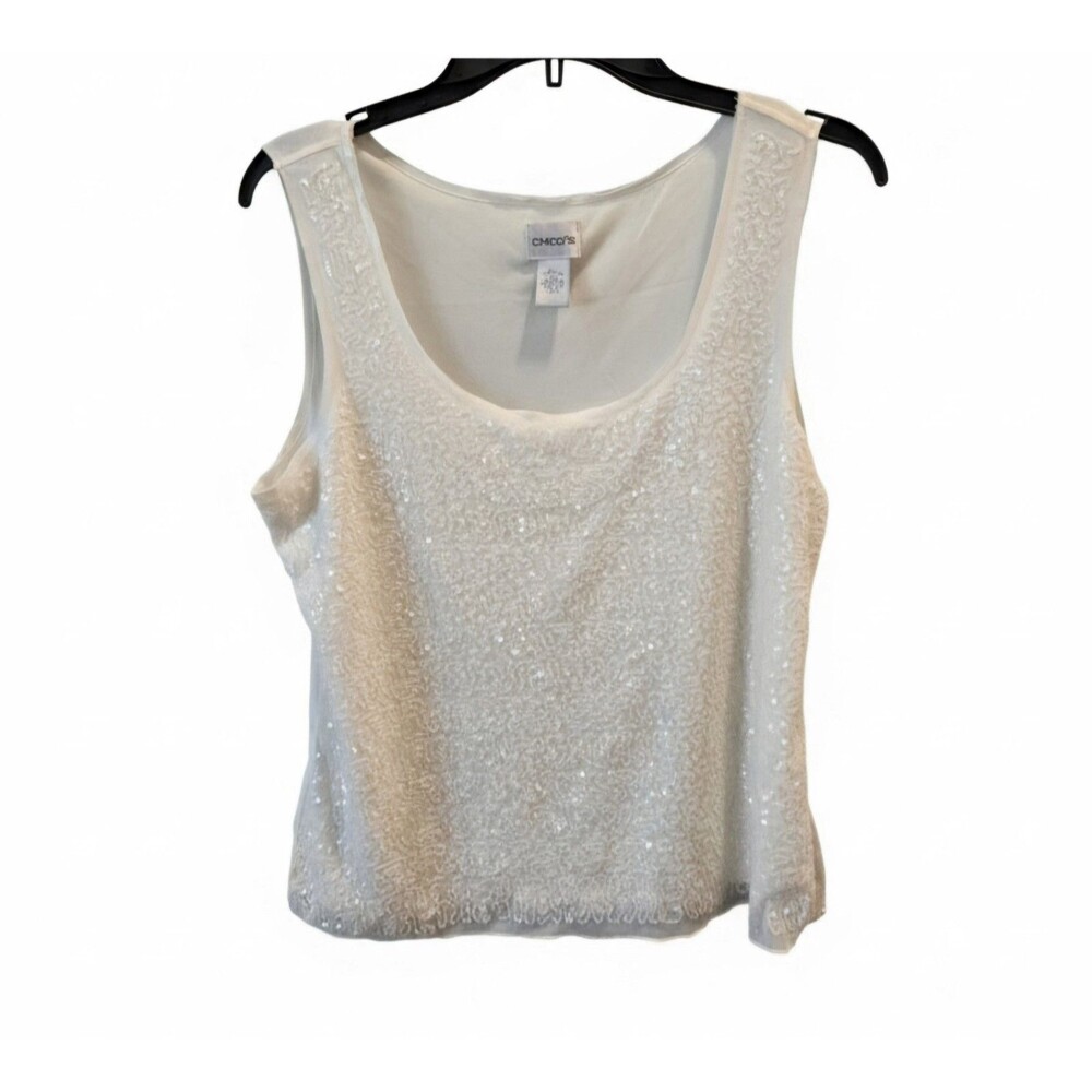 Chicos Ivory Sequin Tank Top 12/14 Sleeveless Holiday Sparkle Old Money